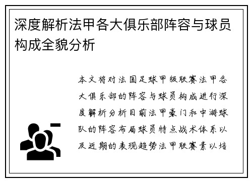 深度解析法甲各大俱乐部阵容与球员构成全貌分析