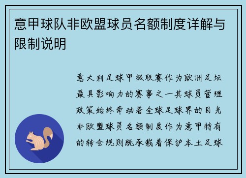 意甲球队非欧盟球员名额制度详解与限制说明