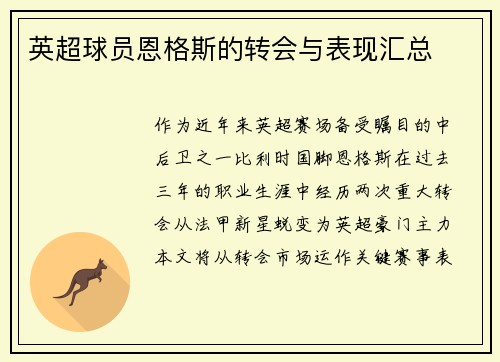 英超球员恩格斯的转会与表现汇总